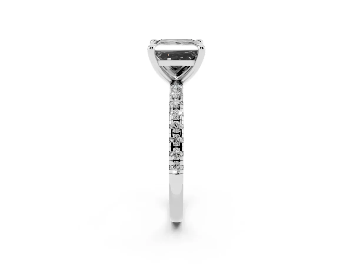 Fancy Black Princess Cut Diamond Brilliant Solitaire Ring with Pavé Band and Four-Prong Setting White gold