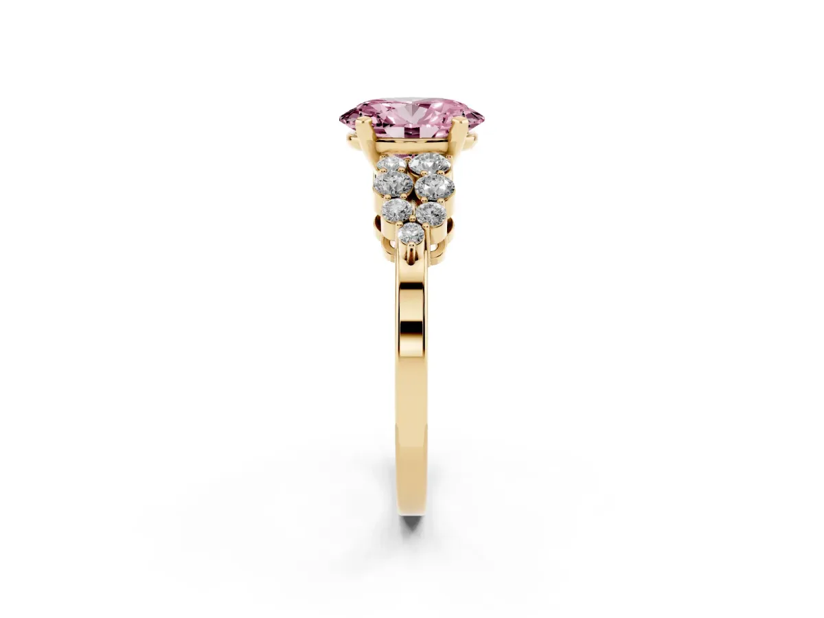 Fancy Pink Oval Cut Cluster Diamond Engagement Ring with Pavé Band and Four-Prong Setting Yellow gold