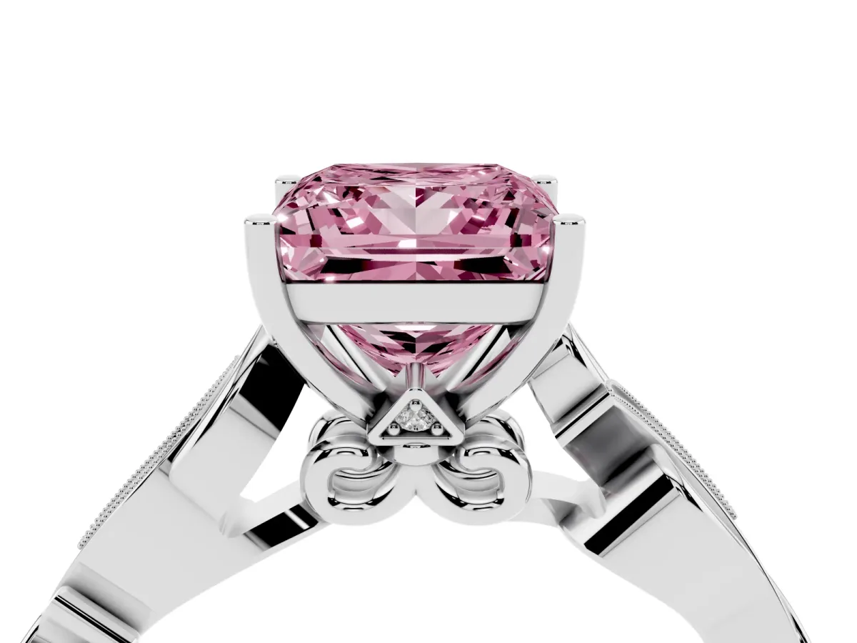 Fancy Pink Princess Cut Solitaire Vine Band with Milgrain Prong Setting Silver