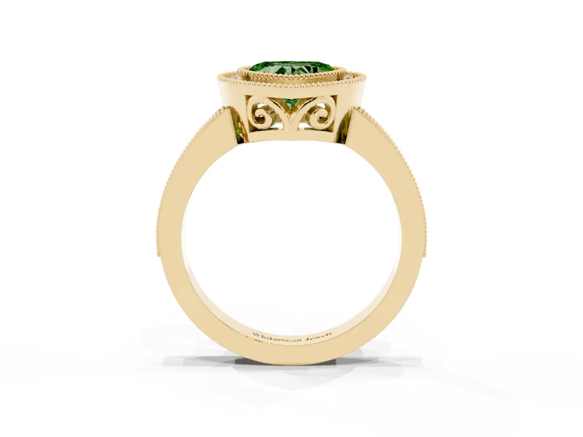 Fancy Green Heart Cut Cut Halo Diamond Ring with Pavé Band and Milgrain Prong Setting Yellow gold