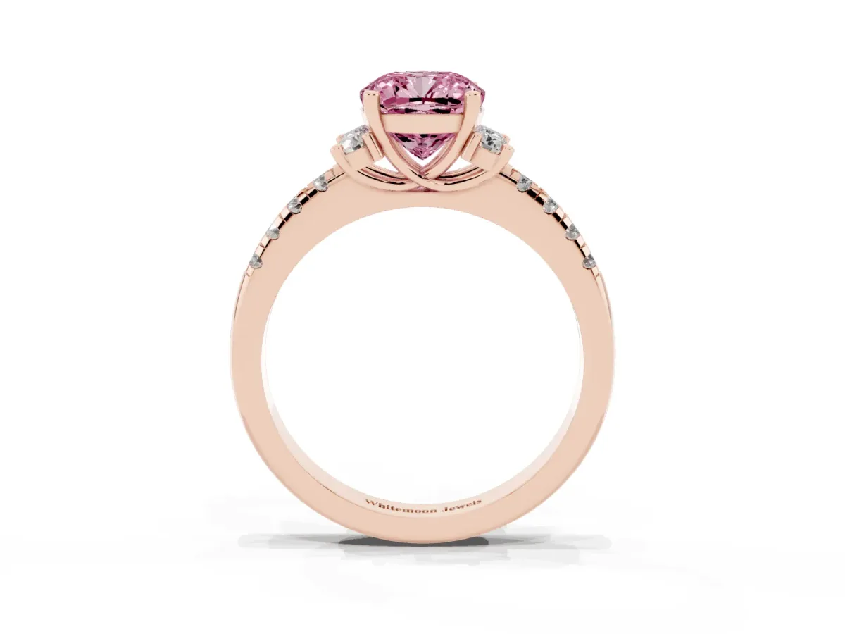 Fancy Pink Cushion Cut Diamond Three-Stone Pave Band with Four-Prong Setting Rose gold