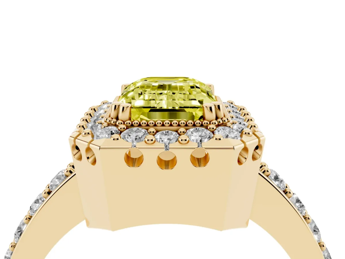 Fancy Yellow Emerald Cut Diamond Halo Ring with Pavé Band and Prong Setting Yellow gold