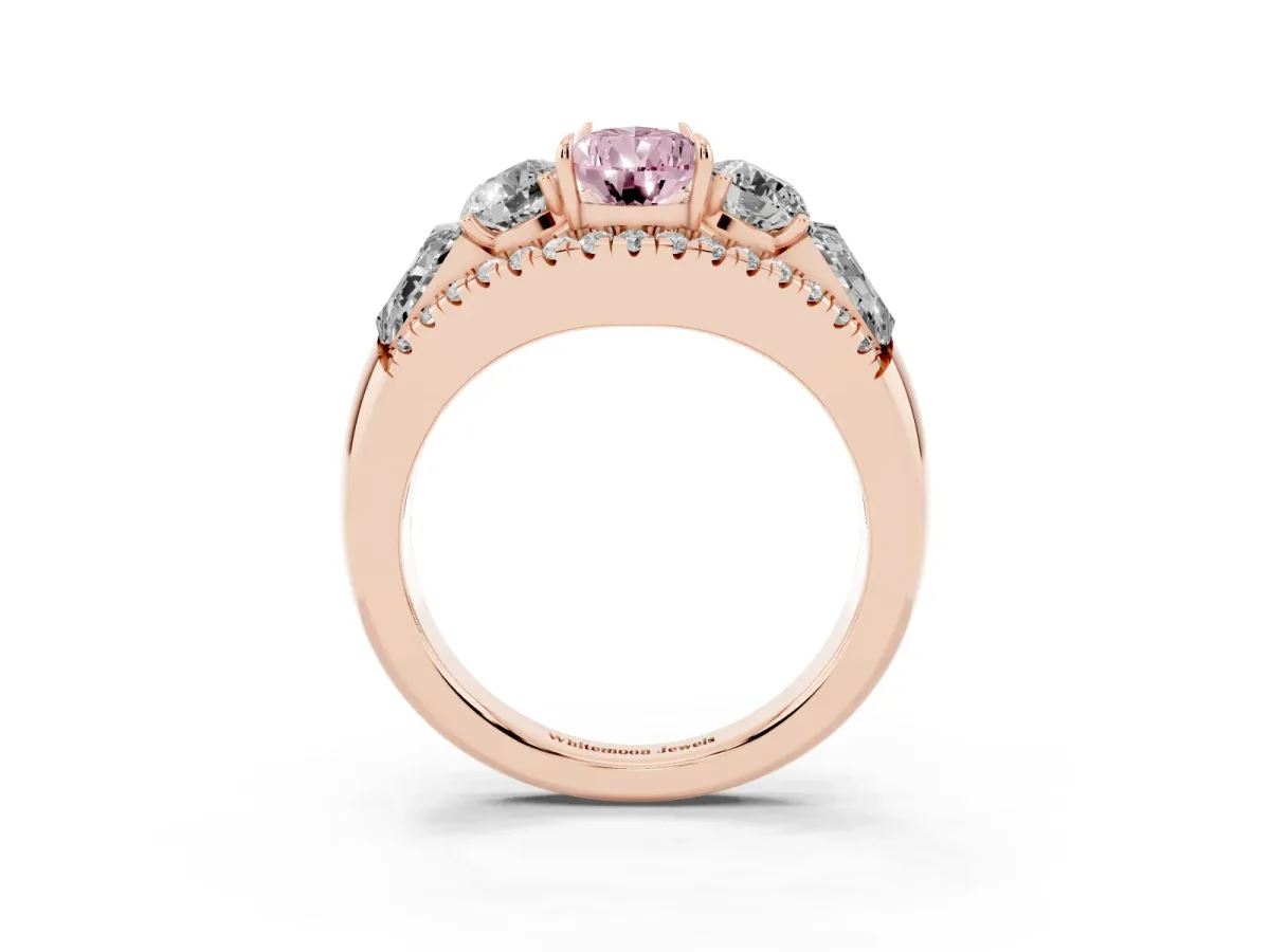 Fancy Pink Three-Stone Pear Cut Diamond Engagement Ring with Pave Band and Prong Setting Rose gold