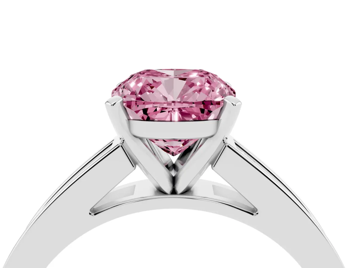 Fancy Pink Cushion Cut Solitaire Diamond Ring with Channel-Set Band and Four-Prong Setting Silver