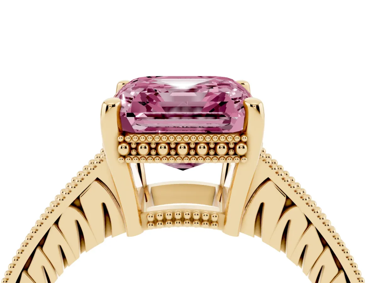 Fancy Pink Asscher Cut Solitaire Pavé Diamond Milgrain Engagement Ring with Four-Prong Setting Yellow gold