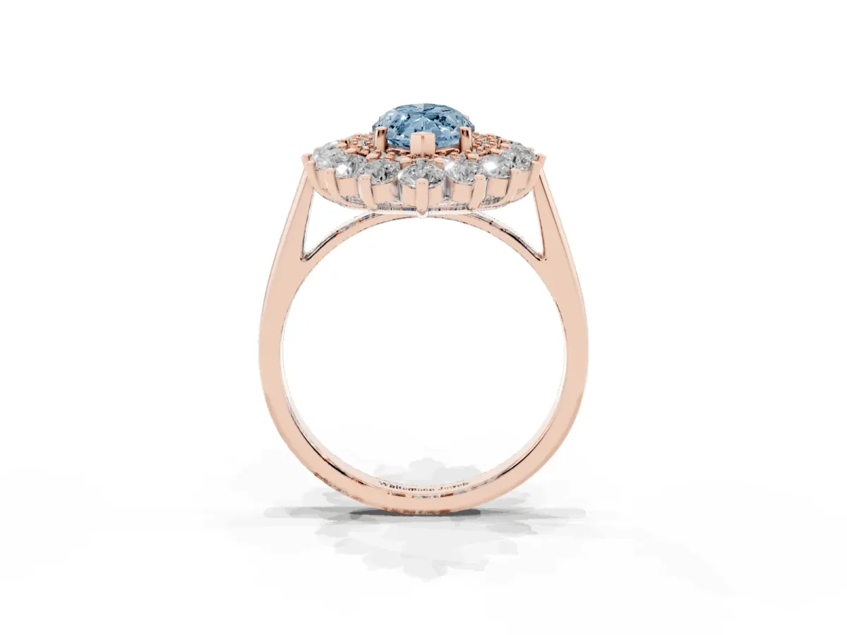 Fancy Blue Marquise Cut Diamond Floral Double Halo Engagement Ring with Prong Setting Rose gold