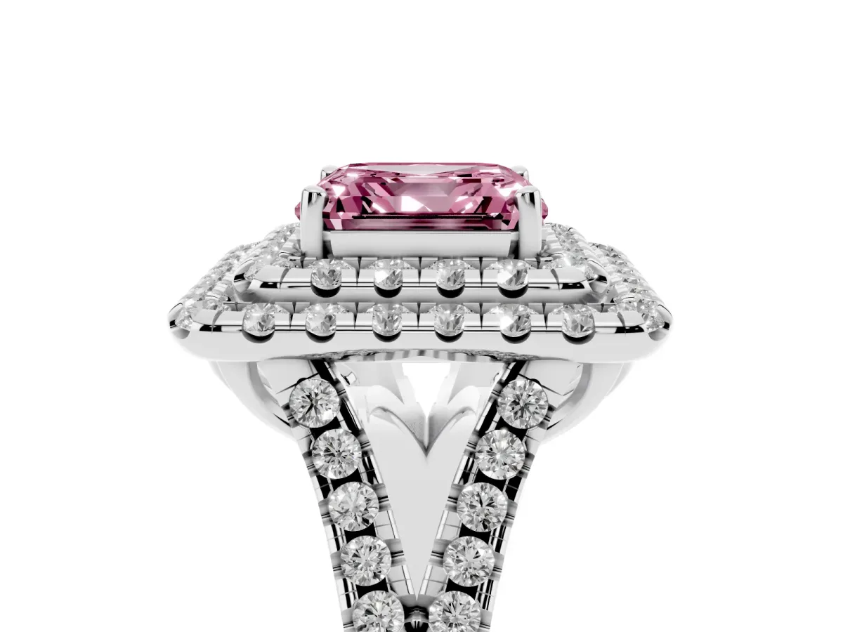 Fancy Pink Double Halo Asscher Cut Diamond Pavé Split Shank Ring with Prong Setting Silver