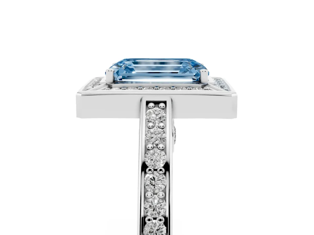 Fancy Blue Emerald Cut Cut Halo Pave Split Shank Prong Setting Ring Platinum