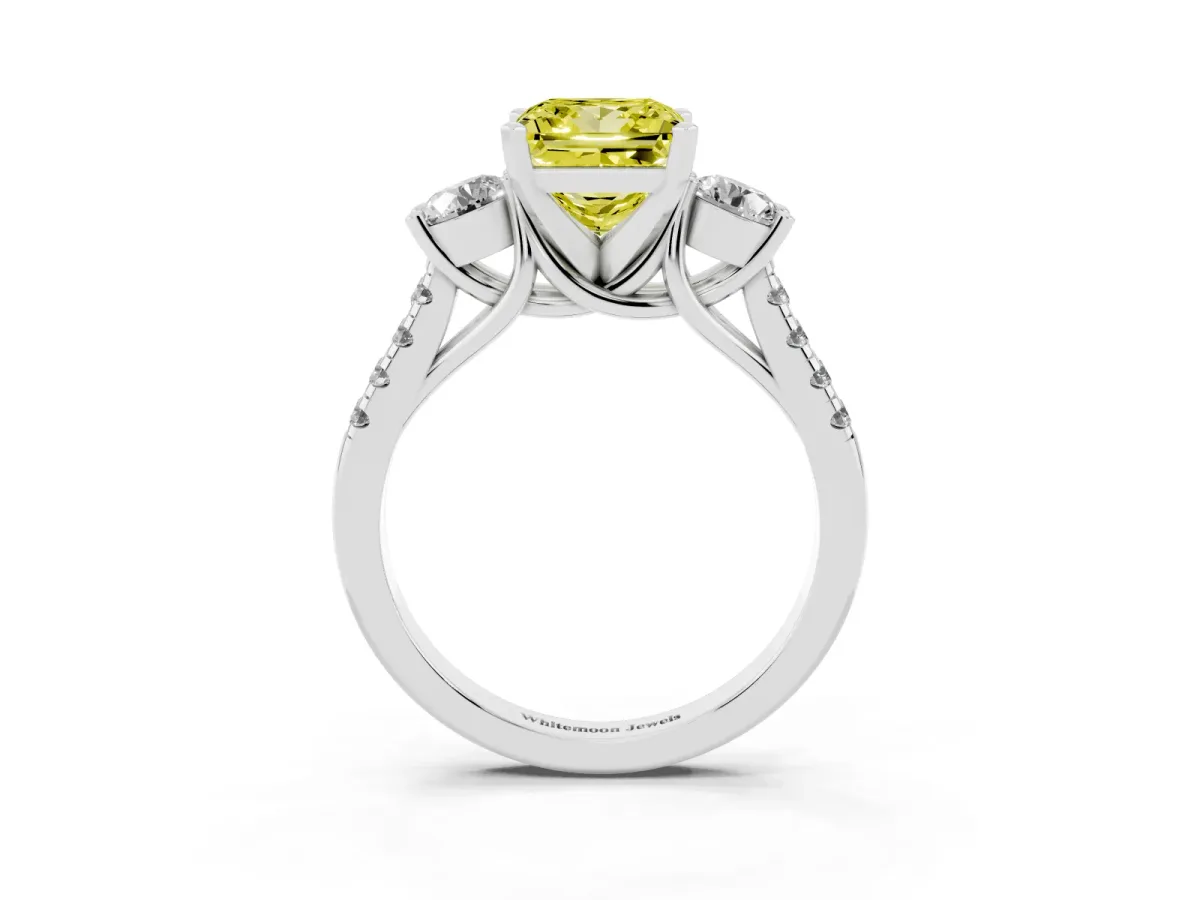 Fancy Yellow Three-Stone Princess Cut Diamond Pavé Band with Four-Prong Setting Silver