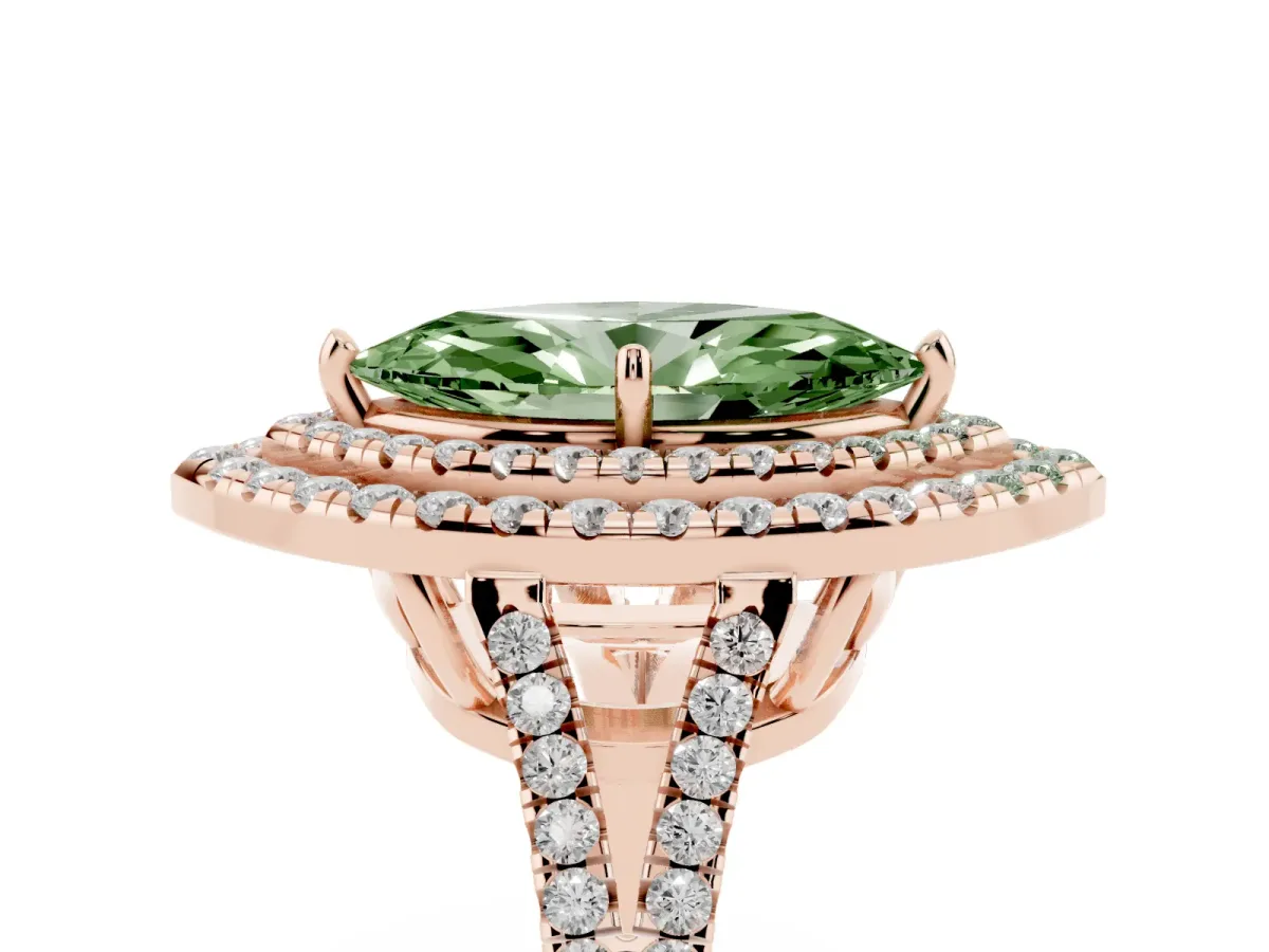 Fancy Green Marquise Cut Diamond Double Halo Ring with Pavé Band and Prong Setting Rose gold