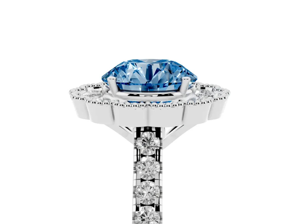Fancy Blue Round Cut Cut Diamond Milgrain Floral Halo Engagement Ring with Pavé Band Silver