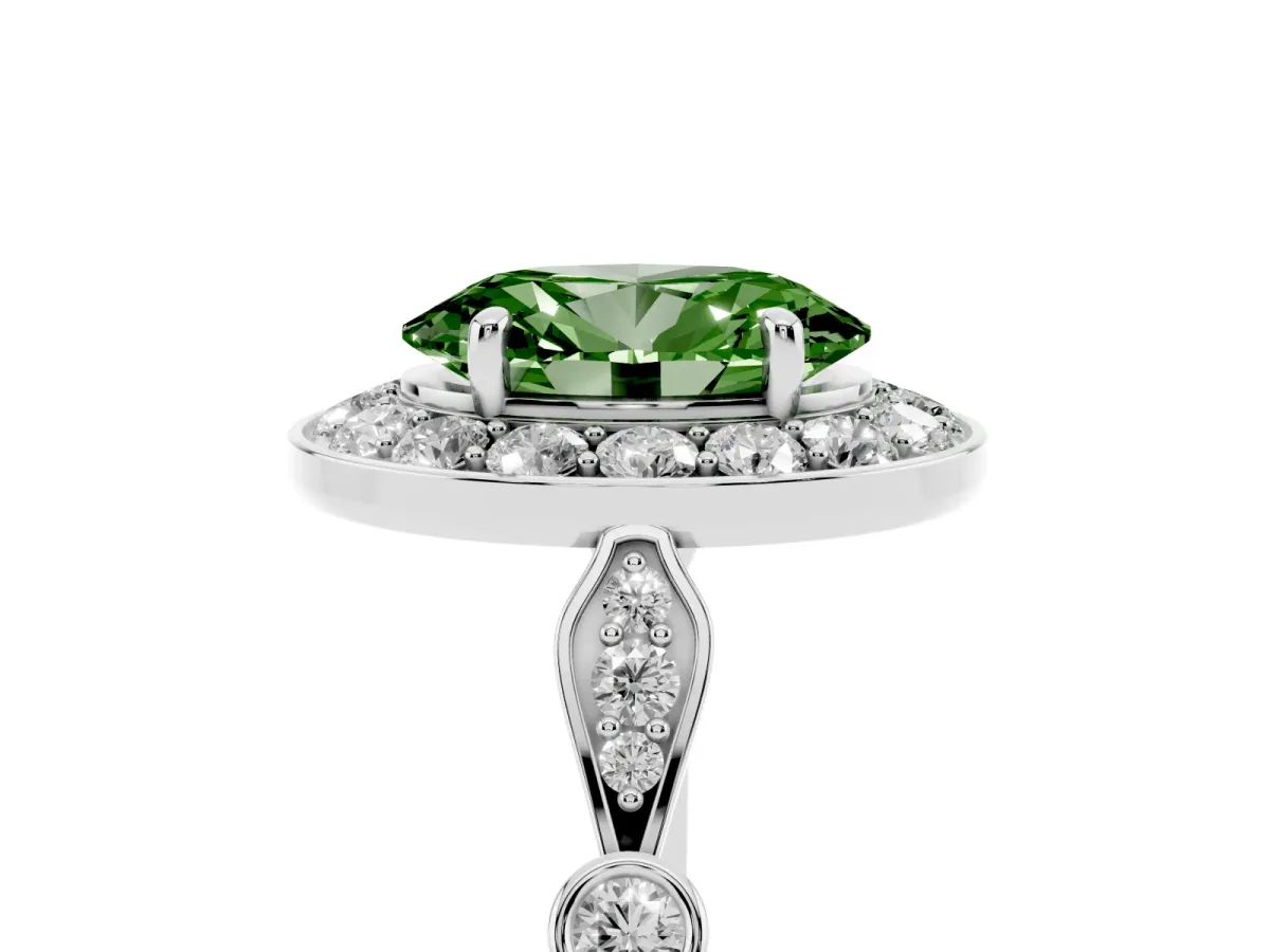 Fancy Green Oval Cut Halo Diamond Engagement Ring with Twisted Band and Four-Prong Setting White gold