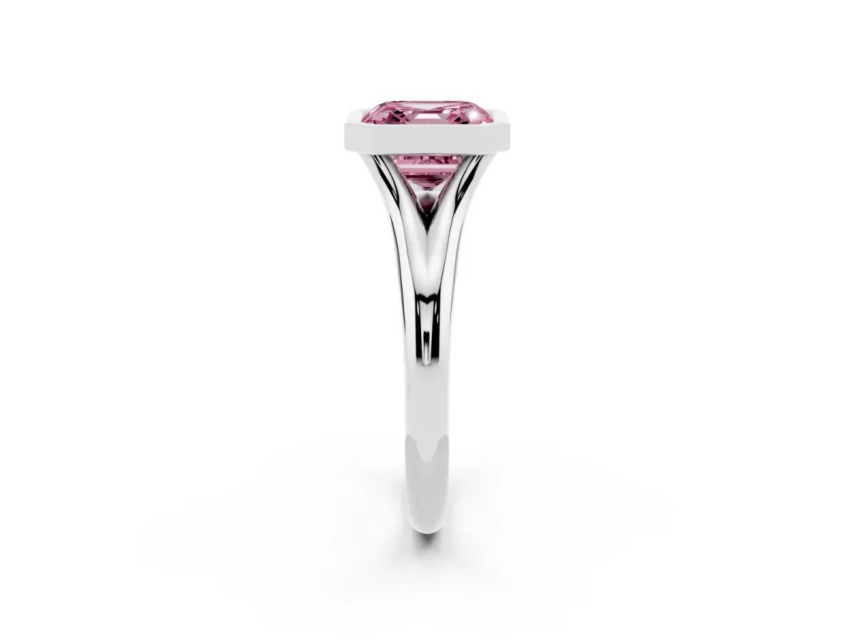 Fancy Pink Bezel Set Asscher Cut Solitaire Diamond Ring with Smooth Band Platinum