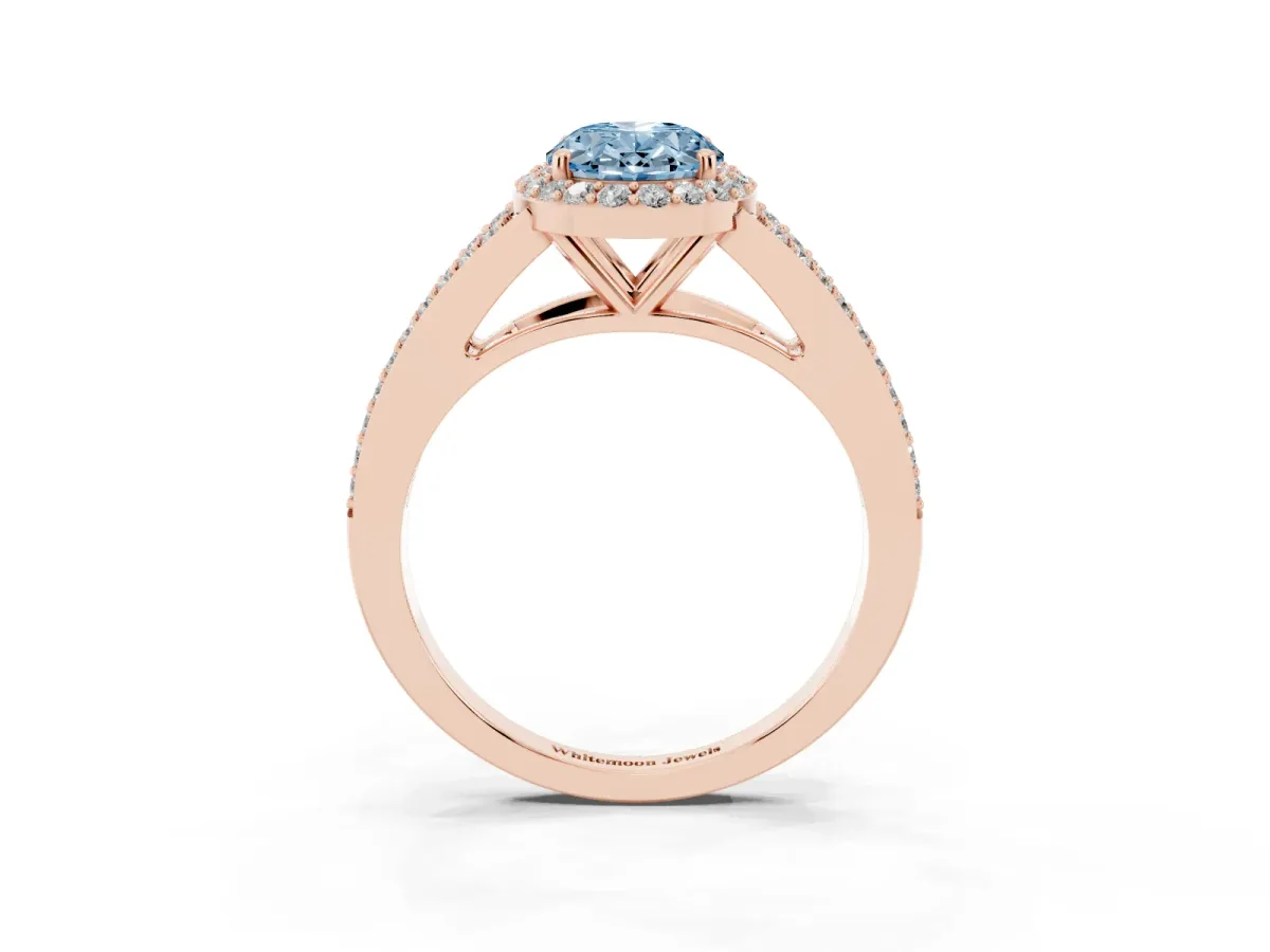 Fancy Blue Oval Cut Halo Split Shank Pave Diamond Ring with Four-Prong Setting Rose gold