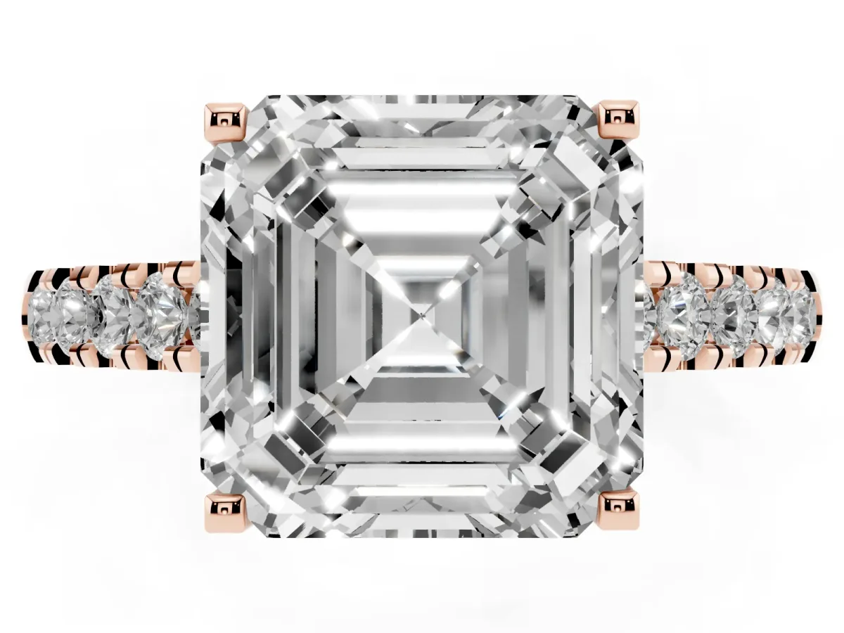Asscher Cut Diamond Pavé Band Solitaire Ring with Prong Setting Rose gold