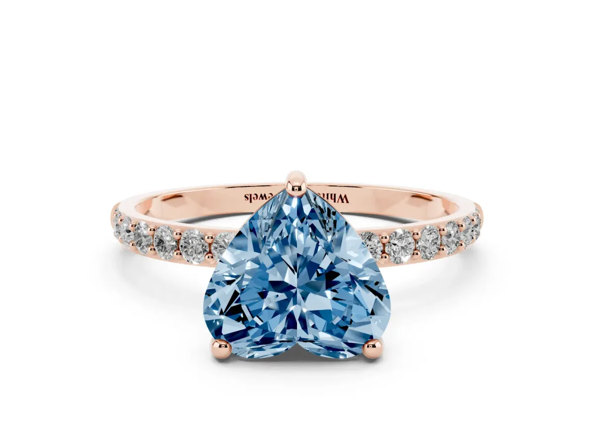Fancy Blue Heart Cut Diamond Solitaire Ring with Round Pavé Band and Prong Setting Rose gold
