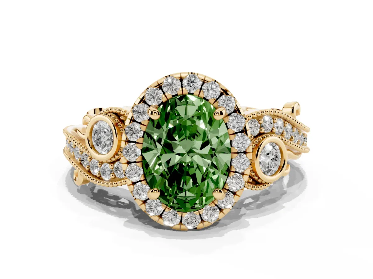 Fancy Green Oval Cut Halo Diamond Ring with Milgrain and Bezel Accents on a Split Shank Band Yellow gold