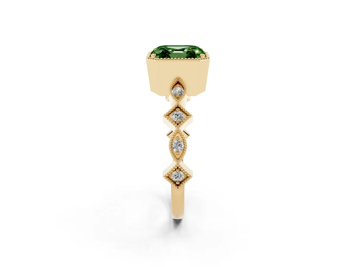 Fancy Green Asscher Cut Milgrain Marquise Diamond Twist Band Ring Yellow gold