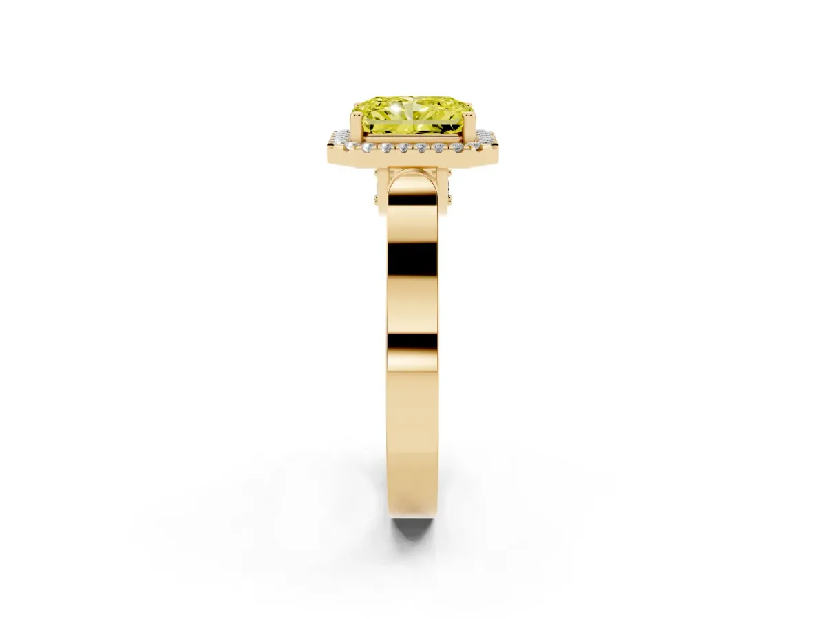 Fancy Yellow Radiant Cut Halo Round Diamond Twist Band with Four-Prong Setting Yellow gold
