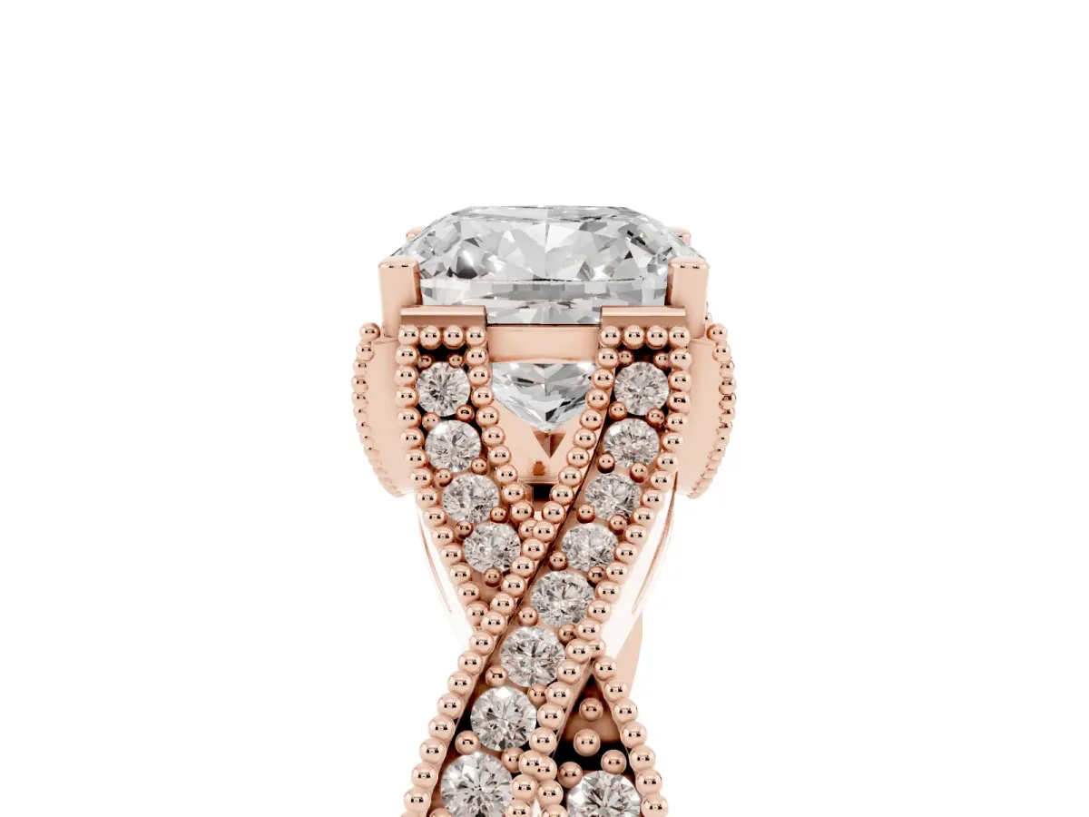 Cushion Cut Cut Diamond Twisted Band with Milgrain Pave Setting and Four-Prong Setting Rose gold