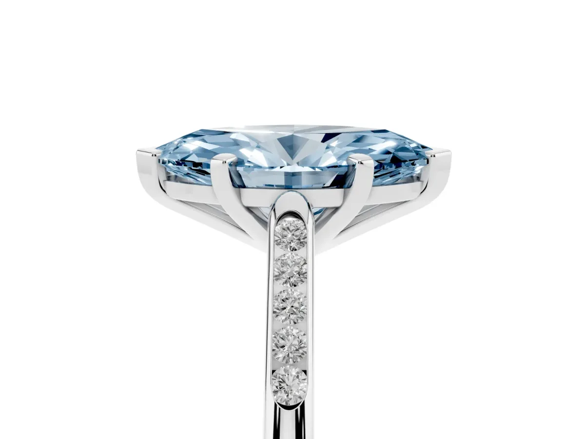 Fancy Blue Marquise Cut Diamond Solitaire Ring with Channel Set Round Band and Prong Setting Silver