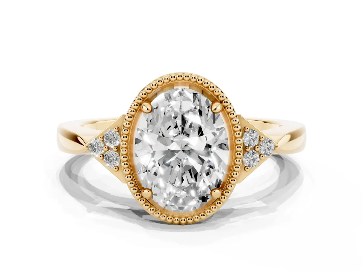 Hexagonal Halo Oval Cut Diamond Solitaire with Pavé Band and Four-Prong Setting Yellow gold