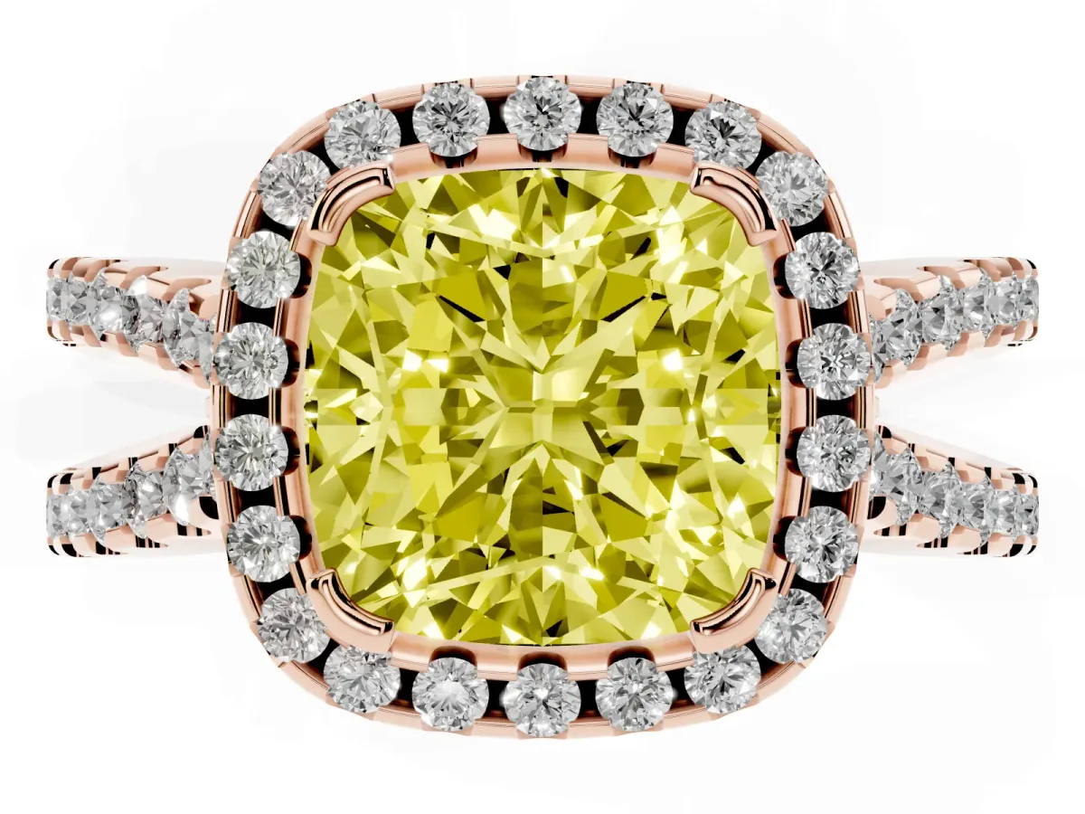 Fancy Yellow Cushion Cut Diamond Halo Ring with Split Shank Pavé Band and Prong Setting Rose gold