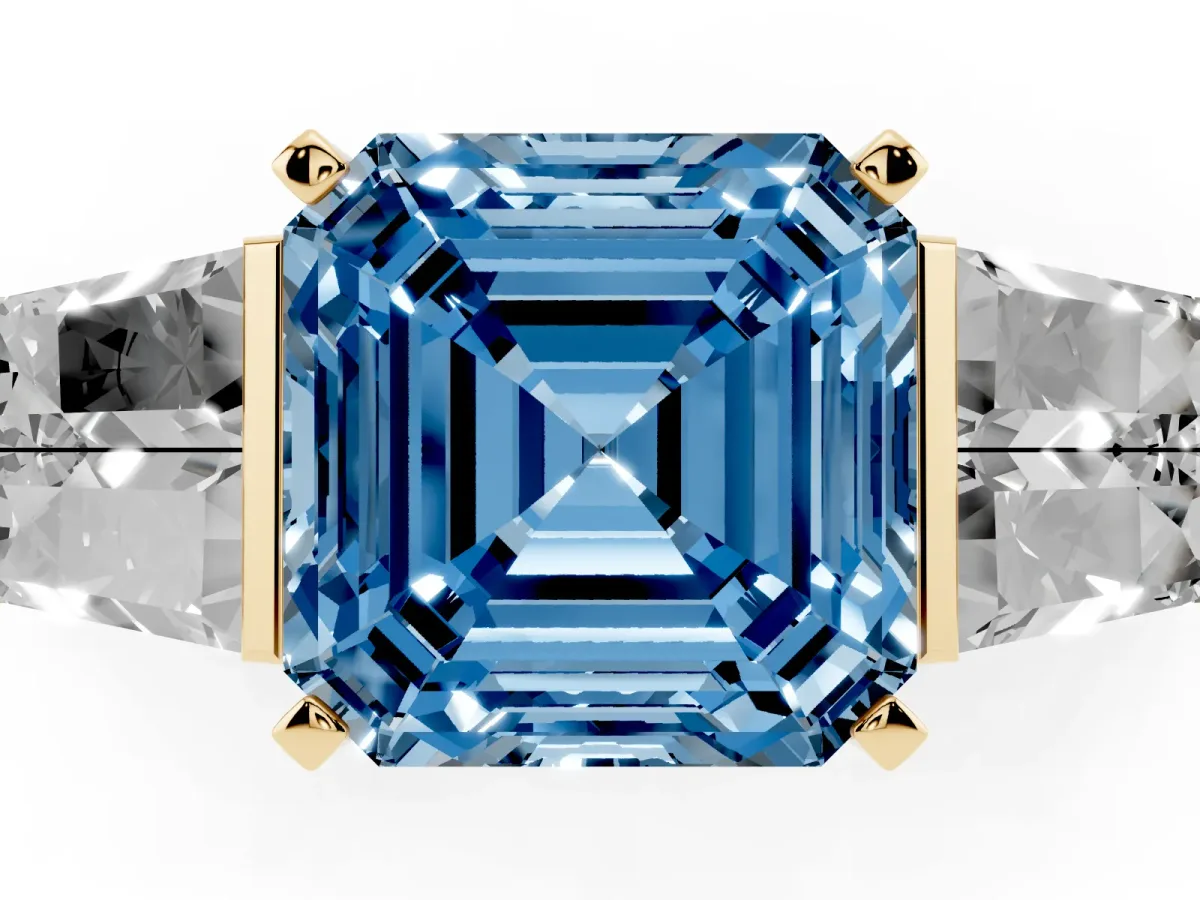 Fancy Blue Asscher Cut Diamond Engagement Ring with Baguette Side Stones and Channel Set Band Yellow gold
