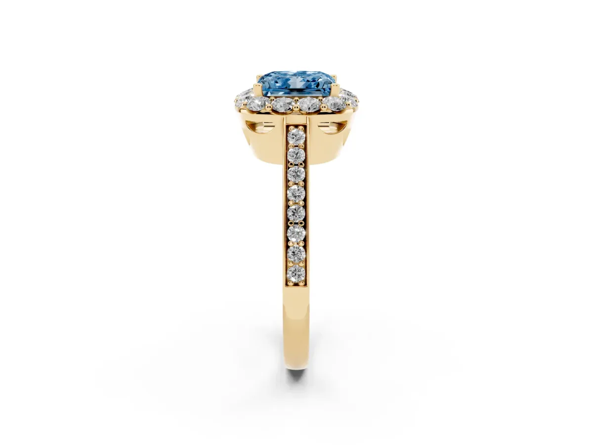 Fancy Blue Princess Cut Diamond Floral Halo Ring with Pavé Band and Prong Setting Yellow gold