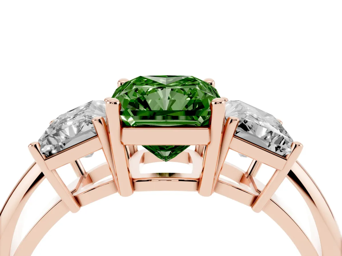 Fancy Green Three-Stone Radiant Cut Cut Diamond Engagement Ring with Prong Setting on a White Gold Band Rose gold