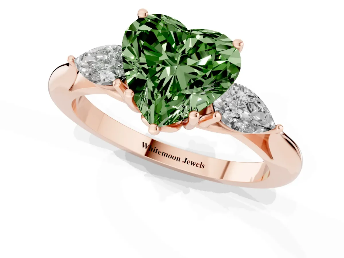 Fancy Green Heart Cut Diamond Three-Stone Ring with Pear Side Stones and Prong Setting Rose gold