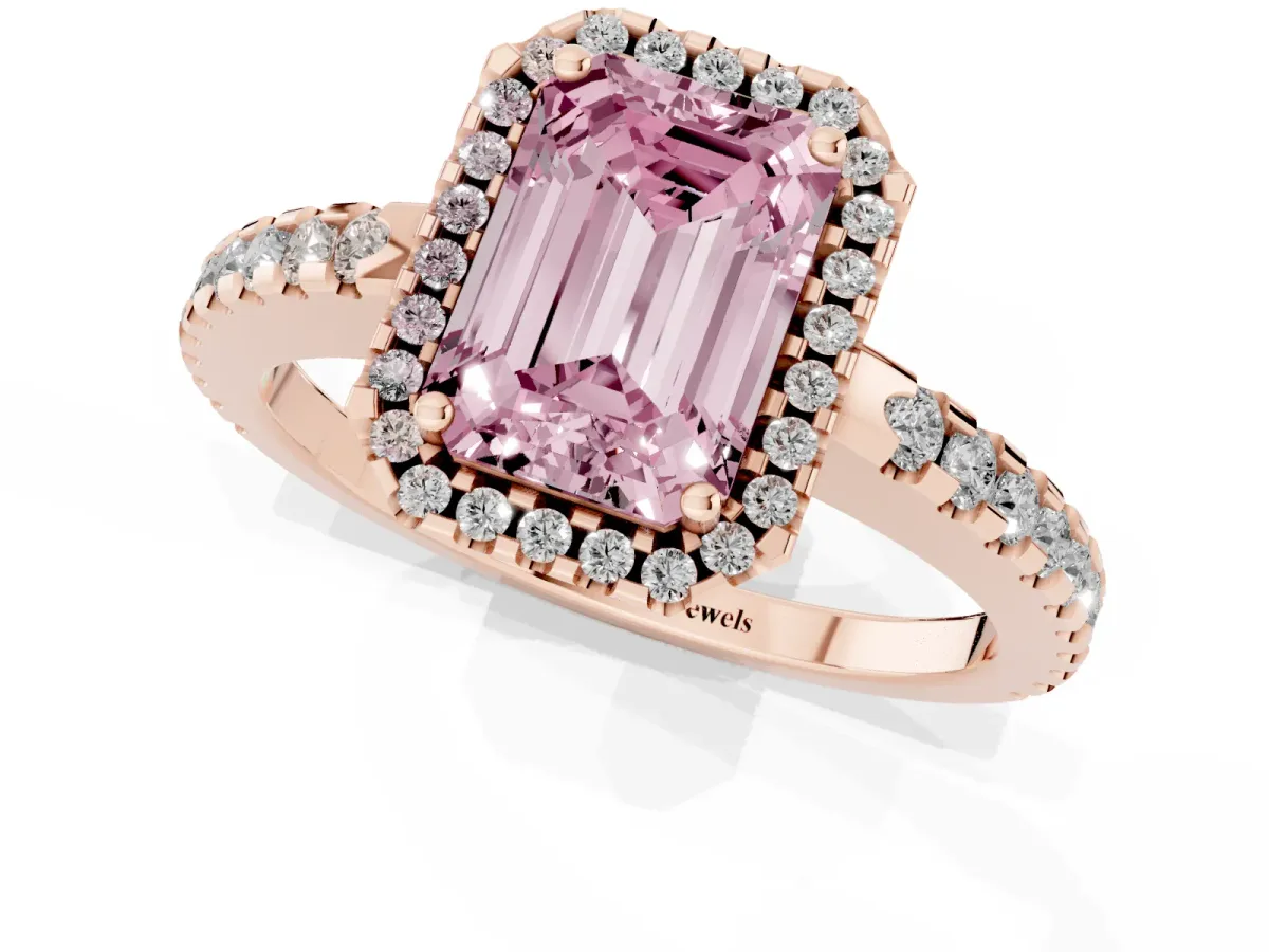Fancy Pink Emerald Cut Diamond Halo Engagement Ring with Pavé Band and Prong Setting Rose gold
