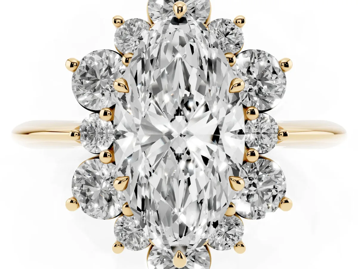 Marquise Cut Diamond Cluster Halo Ring with Solitaire Band and Four-Prong Setting Yellow gold