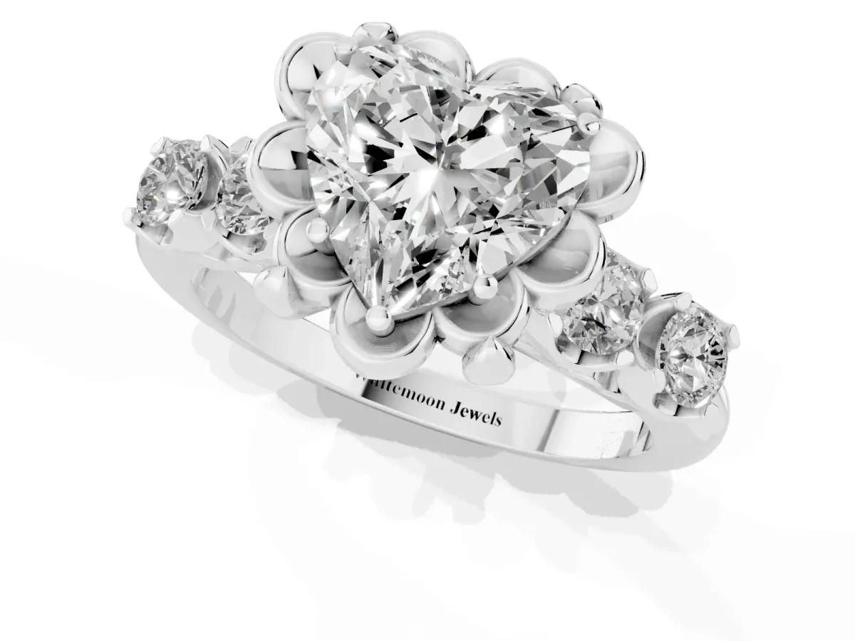 Heart Cut Cut Diamond Floral Halo Engagement Ring with Shared Prong Setting Silver