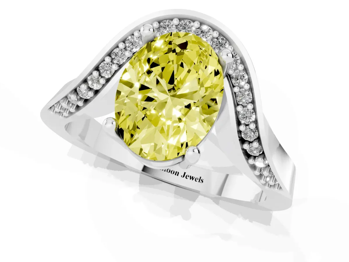 Fancy Yellow Oval Cut Solitaire Diamond Engagement Ring with Pave Band and Four-Prong Setting Platinum