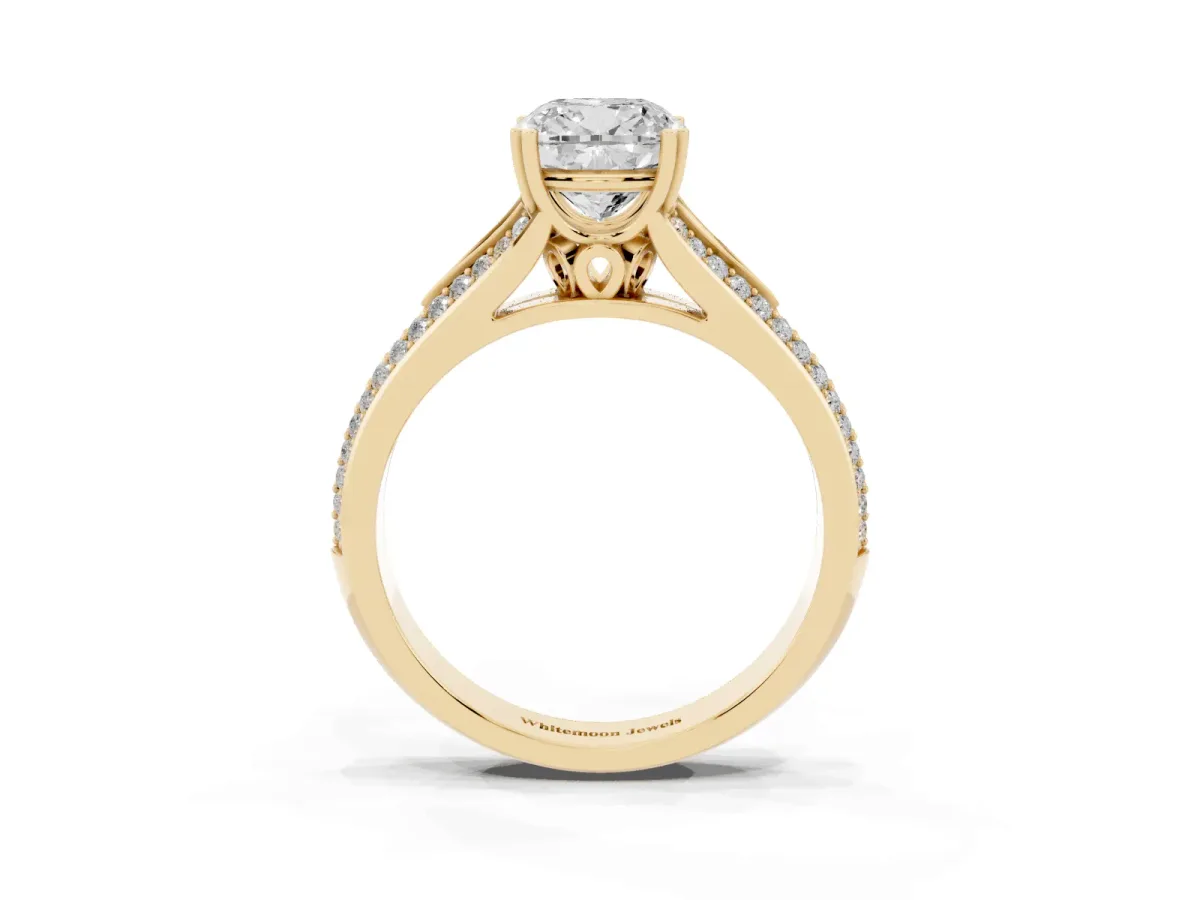 Cushion Cut Diamond Split Shank Engagement Ring with Pavé Band Yellow gold
