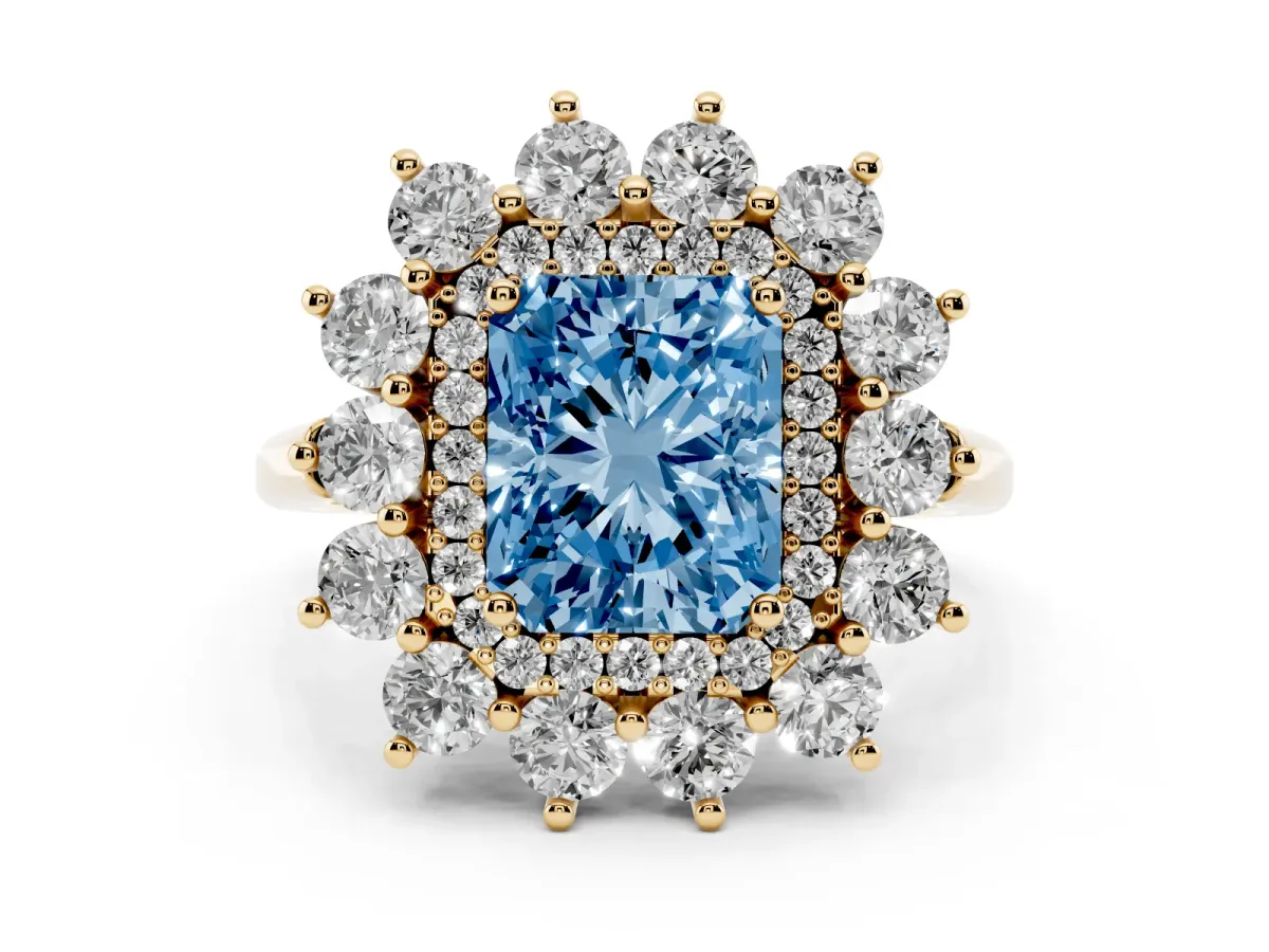 Fancy Blue Radiant Cut Diamond Floral Double Halo Engagement Ring with Prong Setting Yellow gold
