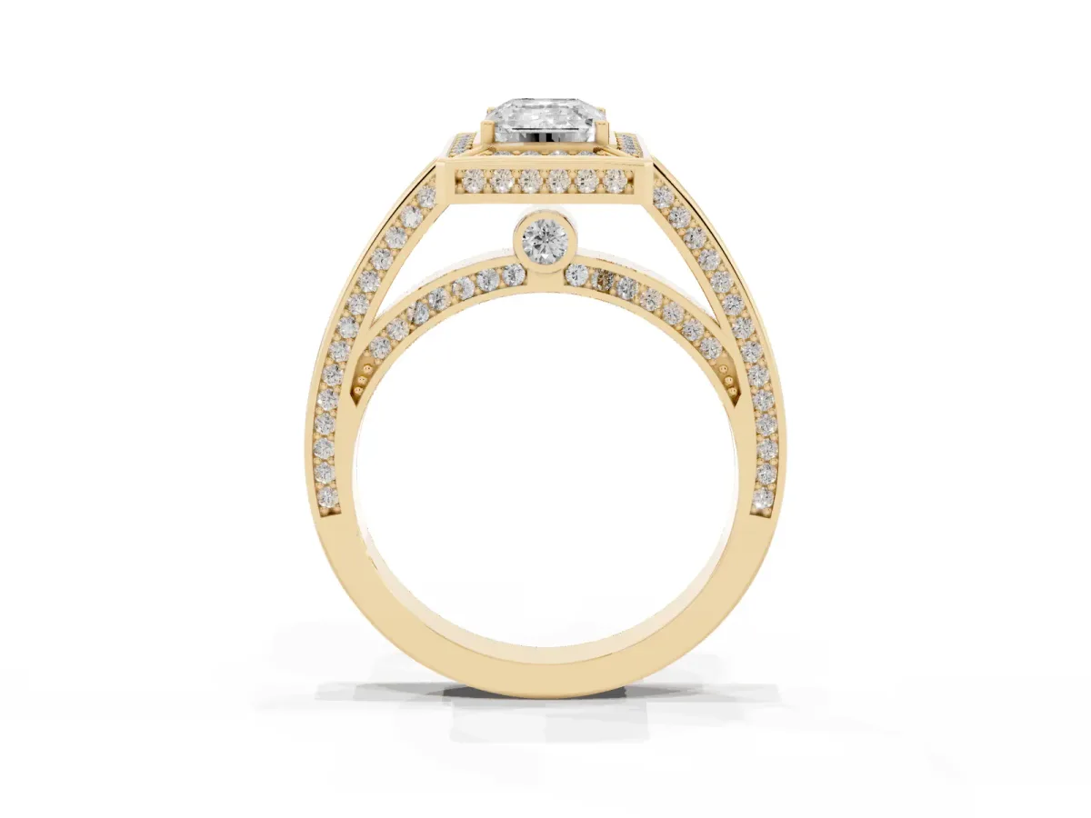 Emerald Cut Cut Halo Pave Split Shank Prong Setting Ring Yellow gold