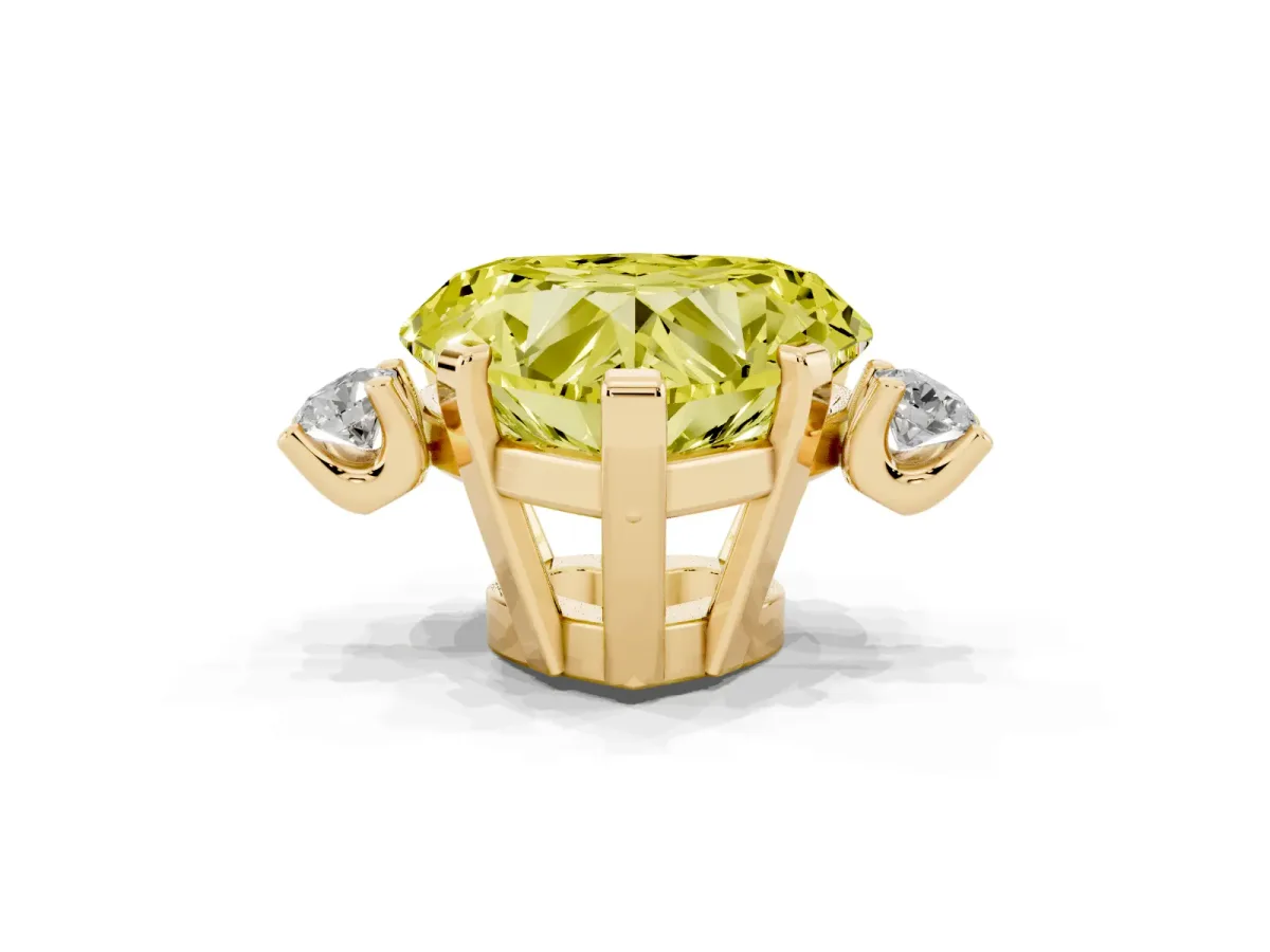 Fancy Yellow Heart Cut Cut Three-Stone Solitaire Ring with Round Accent Diamonds and Four-Prong Setting Yellow gold