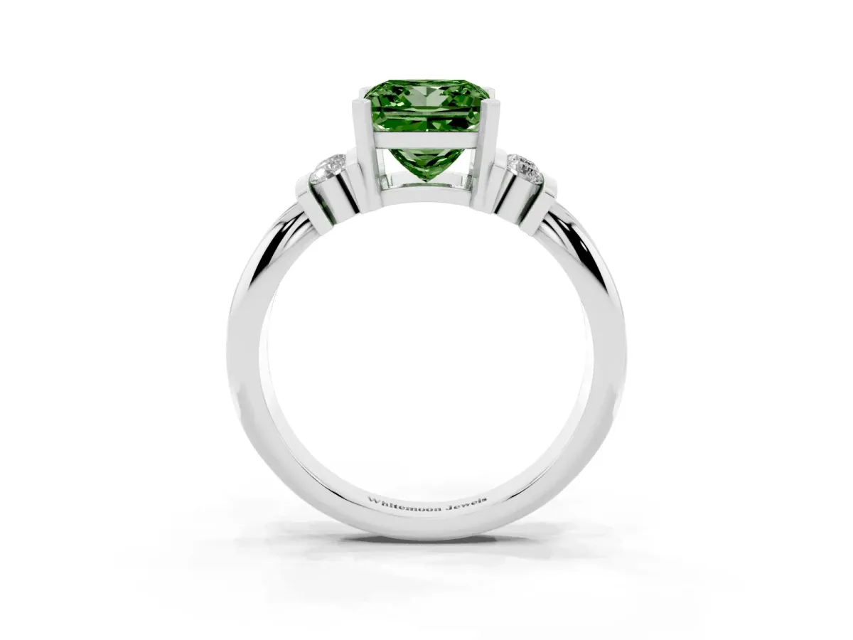 Fancy Green Princess Cut Cut Three-Stone Channel Set Ring with Bar Prongs Silver