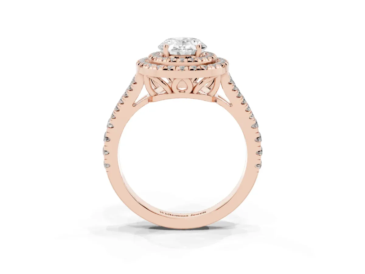 Oval Cut Diamond Double Halo Ring with Pavé Band and Prong Setting Rose gold