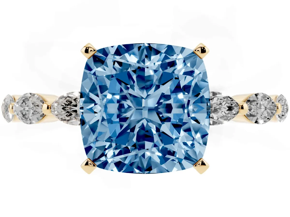 Fancy Blue Cushion Cut Diamond Ring with Marquise Side Stones and Prong Setting Yellow gold