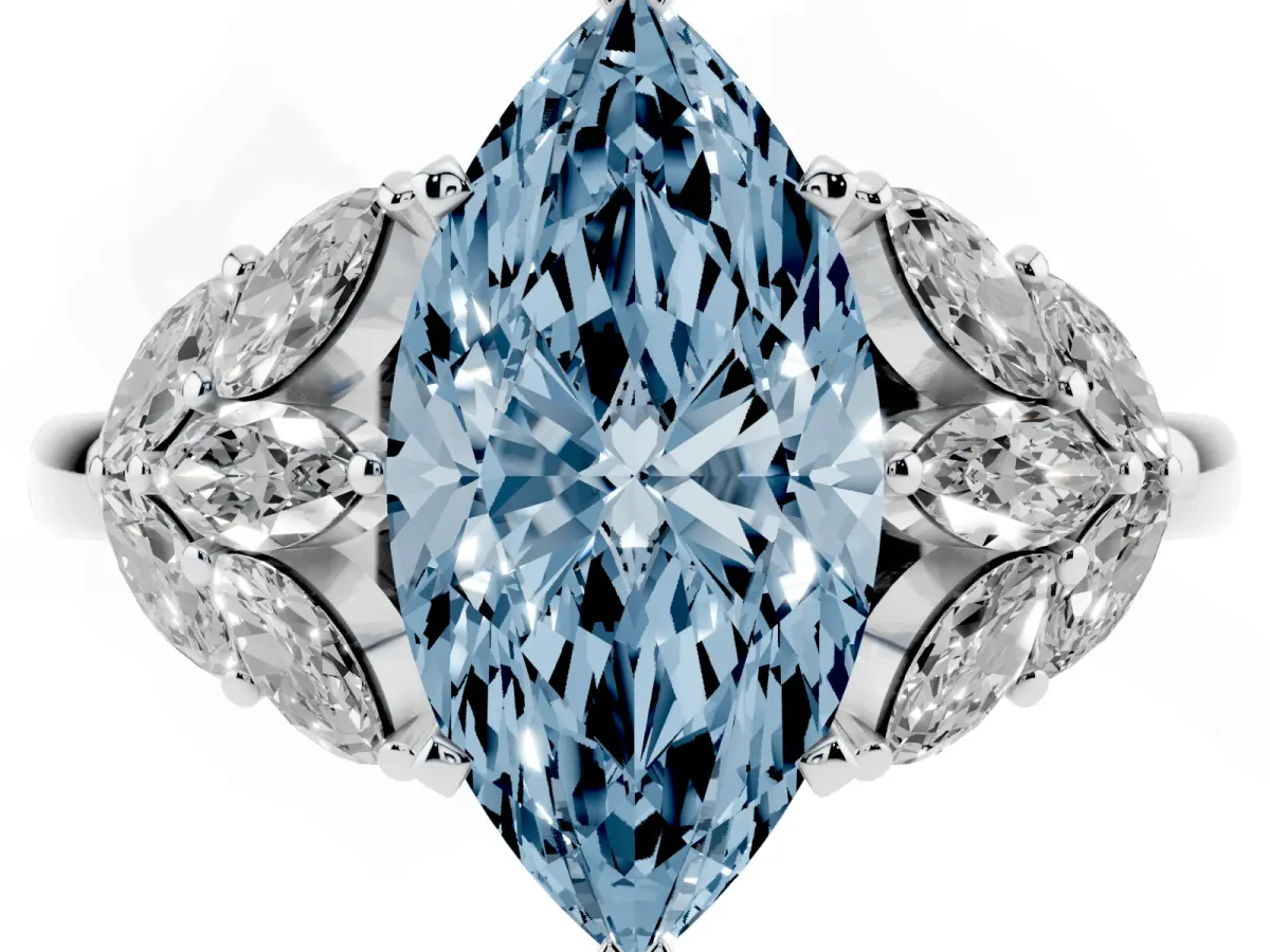 Fancy Blue Marquise Cut Diamond Cluster Leaf Design Ring with Prong Setting Silver