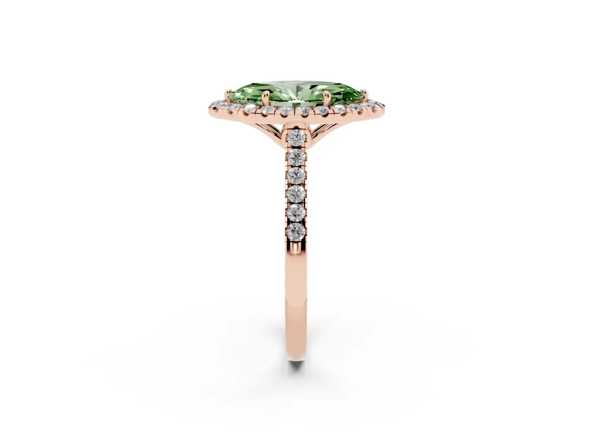 Fancy Green Marquise Cut Halo Pavé Diamond Engagement Ring with Four-Prong Setting Rose gold
