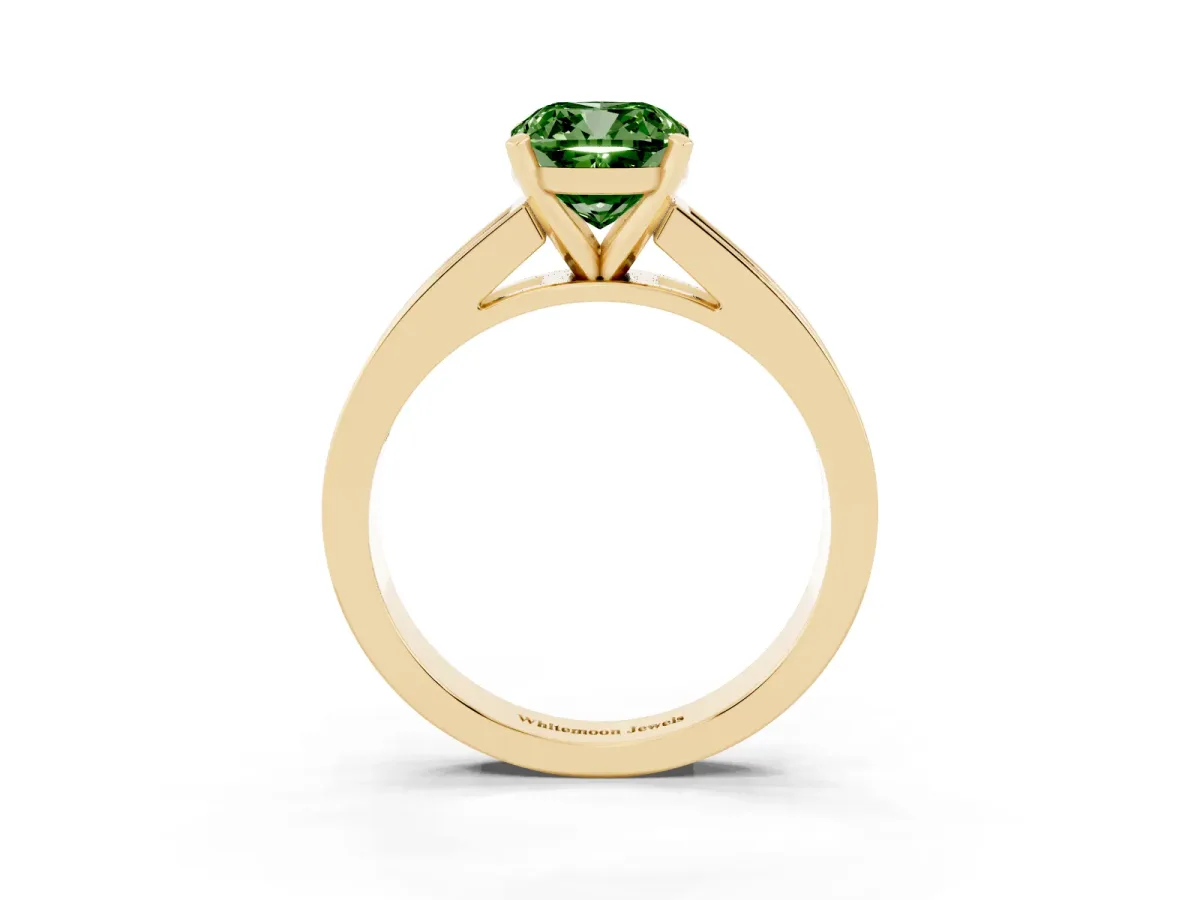 Fancy Green Cushion Cut Solitaire Diamond Ring with Channel-Set Band and Four-Prong Setting Yellow gold