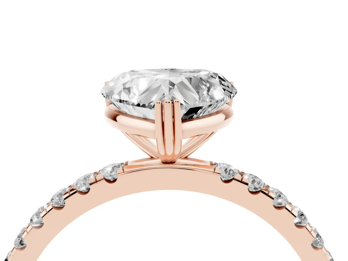 Heart Cut Brilliant Solitaire with Pavé Band and Claw Prong Setting Rose gold