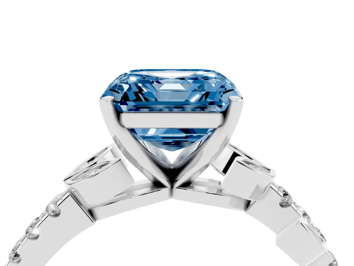 Fancy Blue Asscher Cut Solitaire Leaf-Inspired Diamond Ring with Pavé Band and Four-Prong Setting Silver