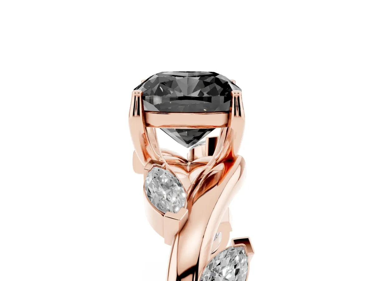 Fancy Black Cushion Cut Solitaire Twisted Band Marquise Accent Prong Setting Ring Rose gold