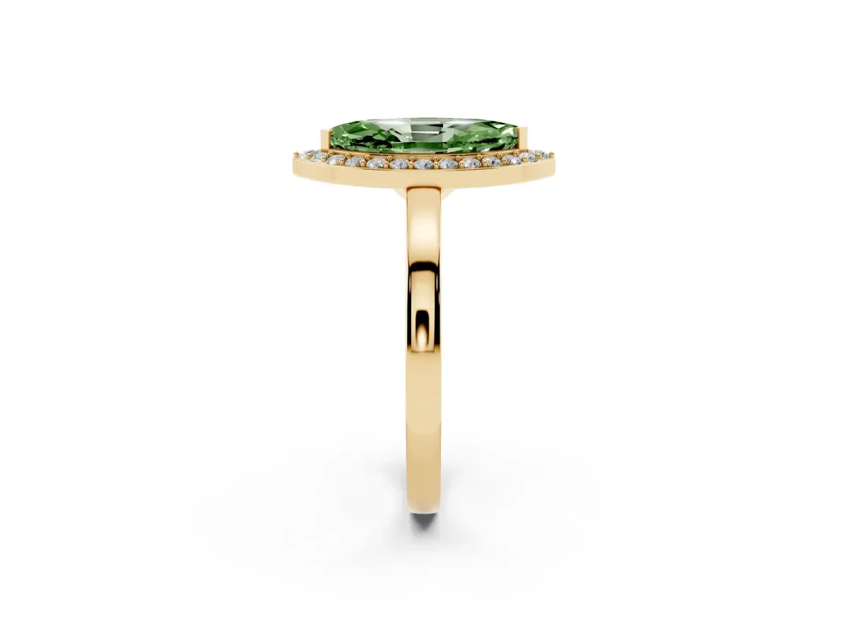 Fancy Green Marquise Cut Halo Diamond Ring with Solitaire Band and Prong Setting Yellow gold