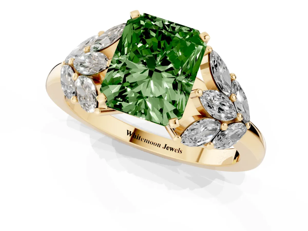 Fancy Green Radiant Cut Diamond Cluster Leaf Design Ring with Prong Setting Yellow gold